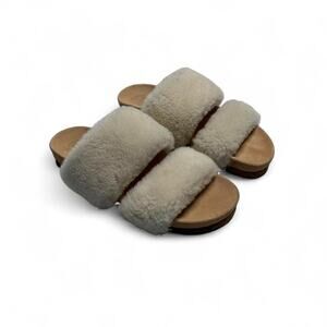 Tory Burch Sheldon Shearling Two Band Slides Natural Cream Color Women’s Size 7